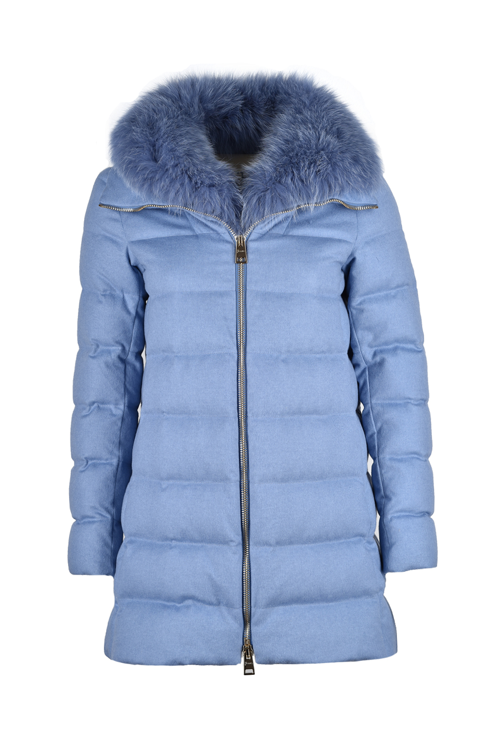 Пуховик из смеси шёлка и кашемира с меховым воротником