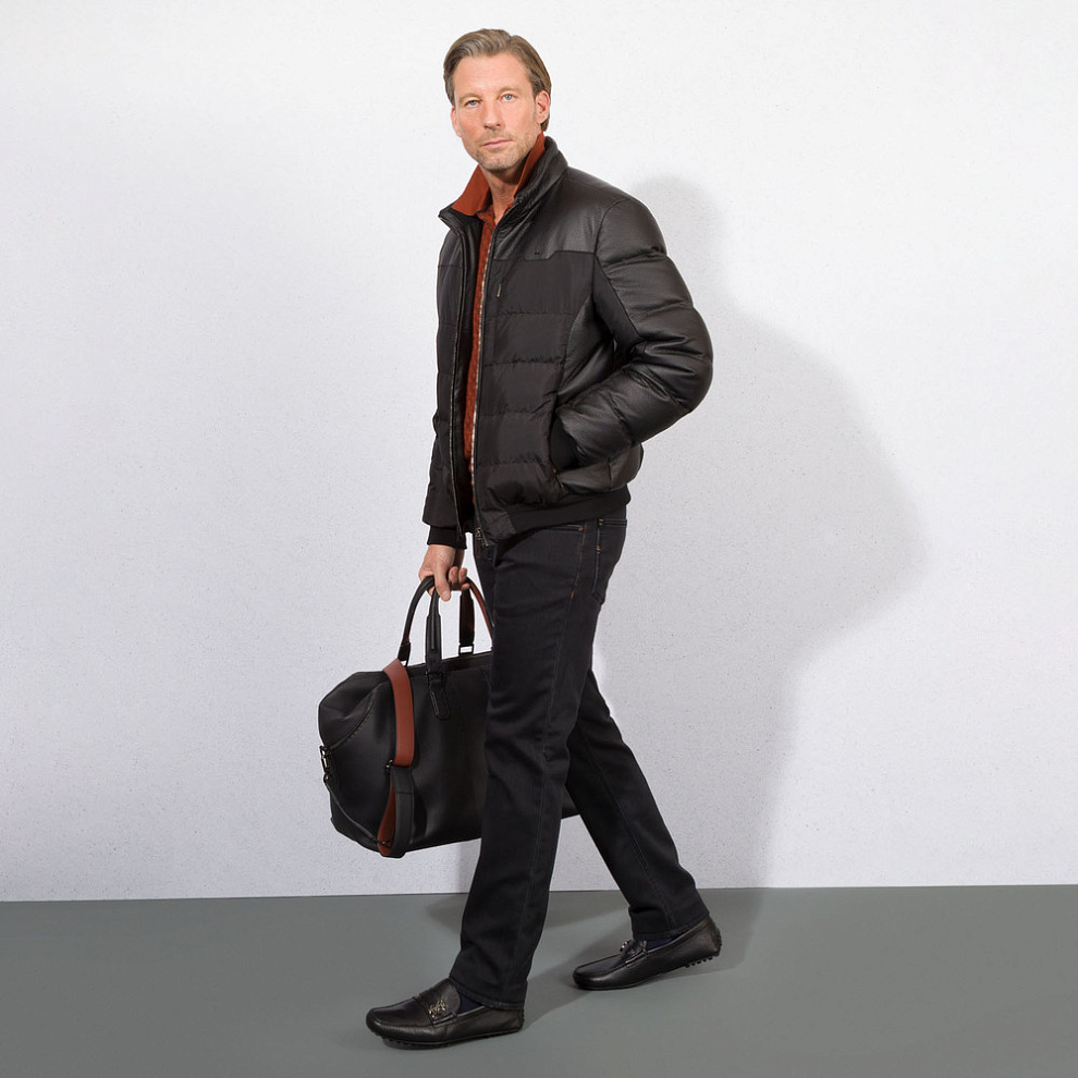 Пуховик-блузон из шёлка с отделкой из кожи оленя