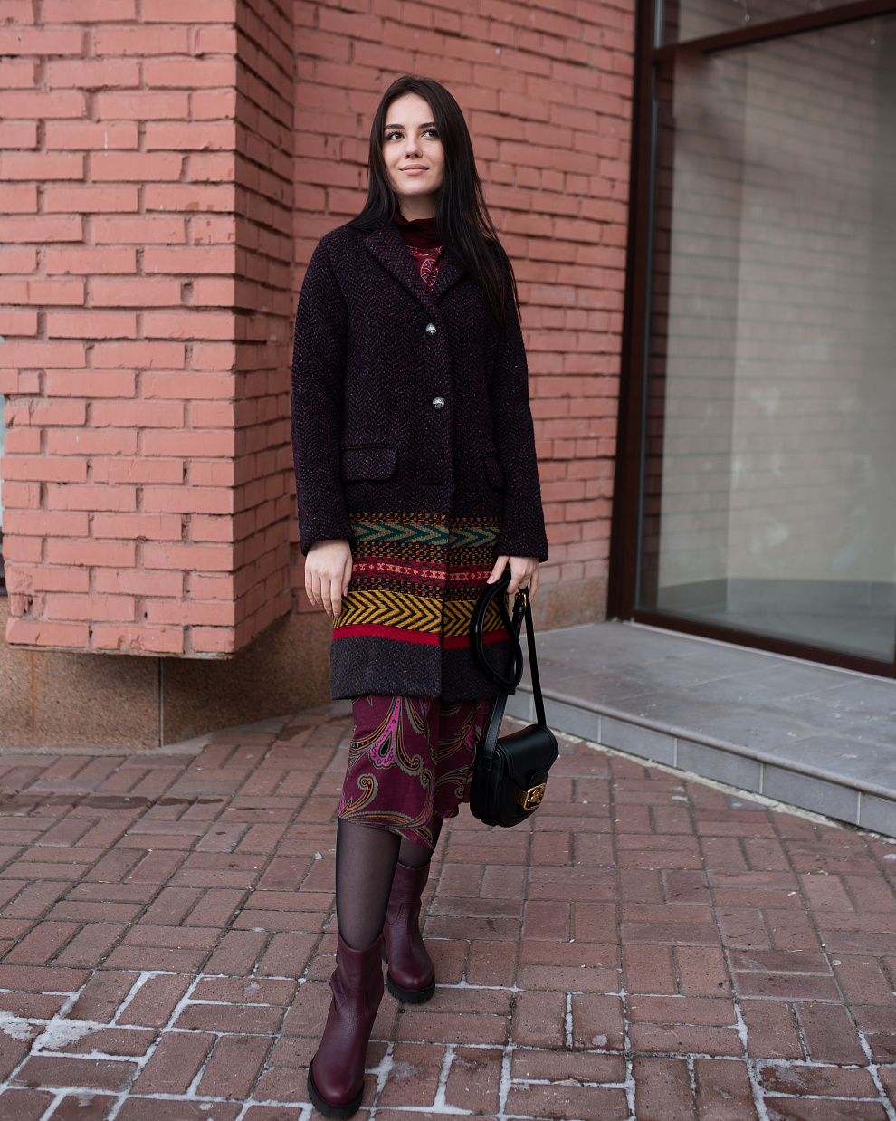 Пальто из шерстяного трикотажа с принтом